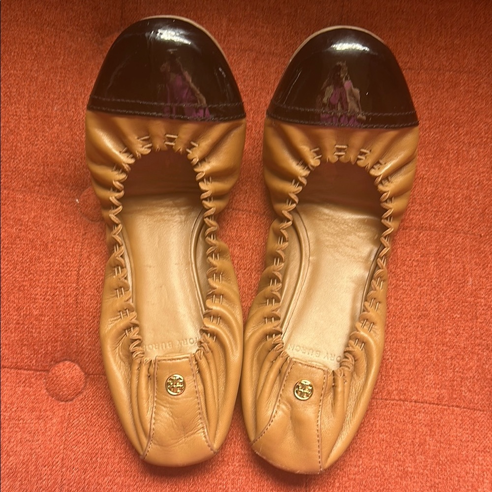 Tory Burch Tan and Black Ballet Flats